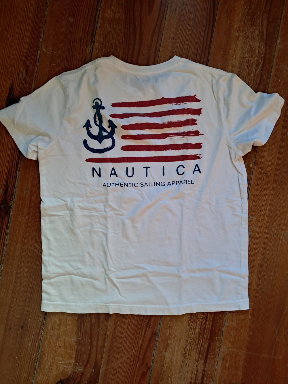 Nautica White Tee with Navy Anchor and Red Stripe Graphic